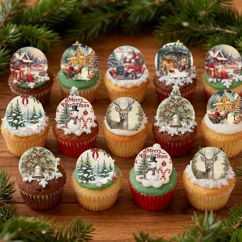 Fyeoxle 36PCS Vintage Christmas Cupcake Toppers Wafer Paper Deer Santa Claus Jingle Bells Cupcake Decor Snowman Dessert Picks for Christmas Theme Party Baby Shower Supplies - Image 4
